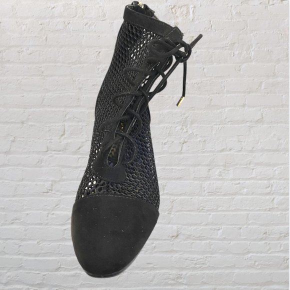 BAMBOO -- Ankle Boots, Black Mesh with Back Zip and Faux Lace Front - Picture 4 of 9